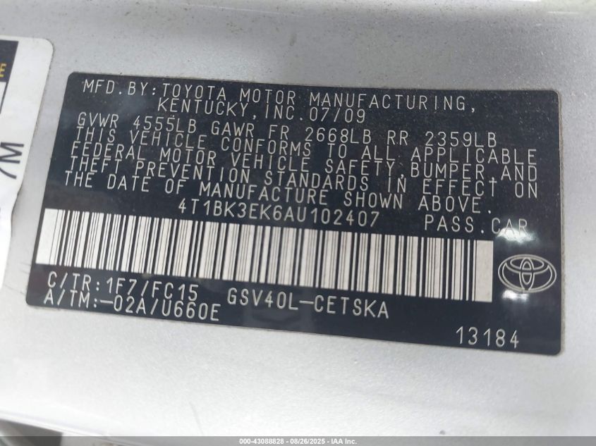2010 Toyota Camry Se V6 VIN: 4T1BK3EK6AU102407 Lot: 43088828