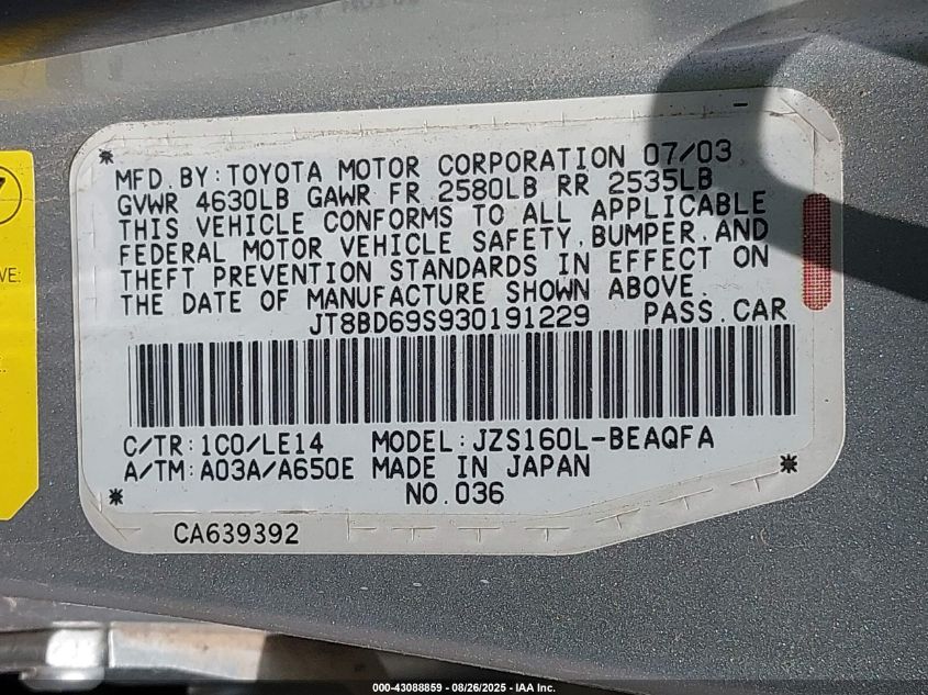 2003 Lexus Gs 300 VIN: JT8BD69S930191229 Lot: 43088859