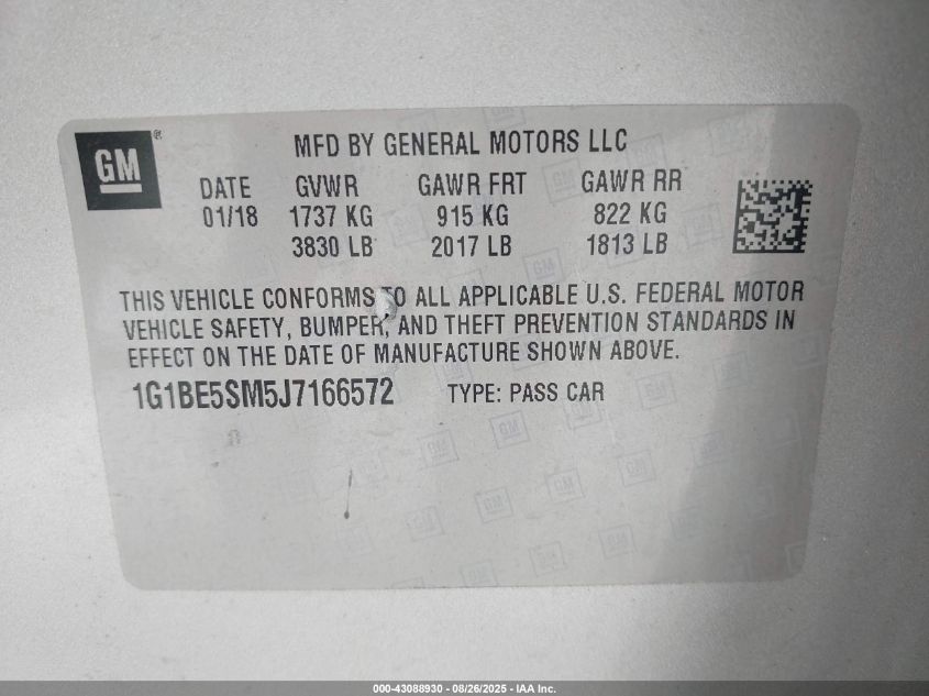 2018 Chevrolet Cruze Lt Auto VIN: 1G1BE5SM5J7166572 Lot: 43088930