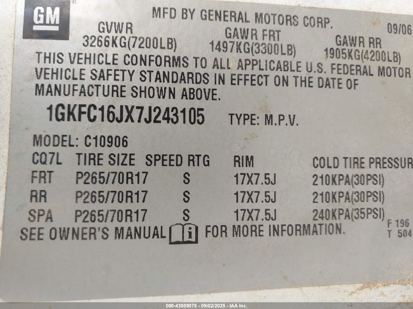 2007 GMC Yukon Xl 1500 Sle VIN: 1GKFC16JX7J243105 Lot: 43089078