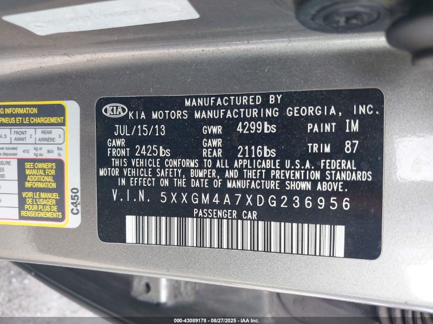 2013 Kia Optima Lx VIN: 5XXGM4A7XDG236956 Lot: 43089178