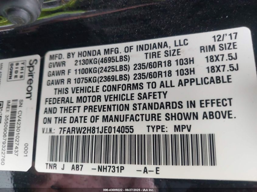 2018 Honda Cr-V Ex-L/Ex-L Navi VIN: 7FARW2H81JE014055 Lot: 43089222