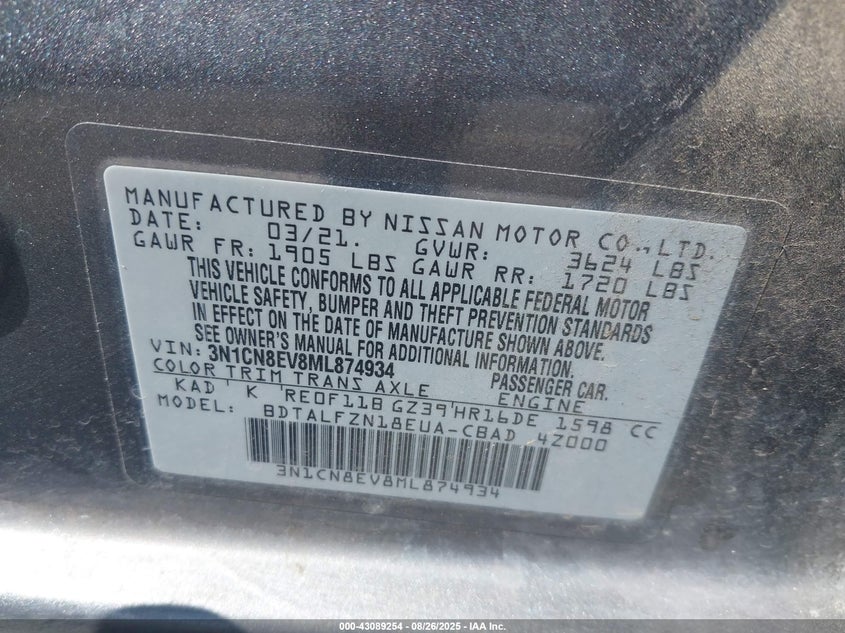 2021 Nissan Versa Sv Xtronic Cvt VIN: 3N1CN8EV8ML874934 Lot: 43089254