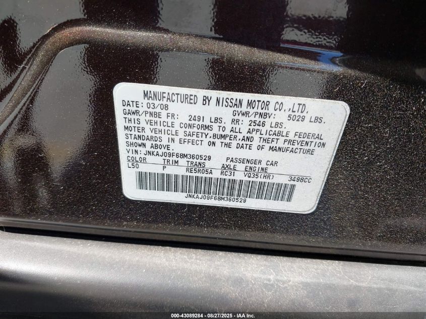 2008 Infiniti Ex35 Journey VIN: JNKAJ09F68M360529 Lot: 43089284