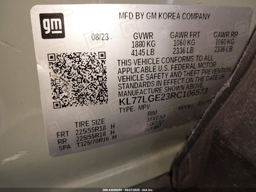 2024 Chevrolet Trax Fwd 1Rs VIN: KL77LGE23RC106573 Lot: 43089288