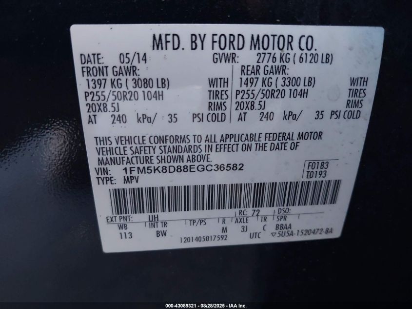 2014 Ford Explorer Xlt VIN: 1FM5K8D88EGC36582 Lot: 43089321