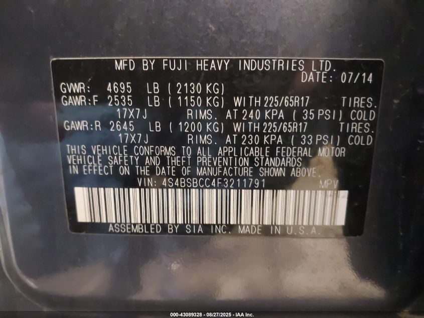 2015 Subaru Outback 2.5I Premium VIN: 4S4BSBCC4F3211791 Lot: 43089328
