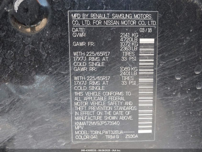 2018 Nissan Rogue S VIN: KNMAT2MV9JP573940 Lot: 43089335