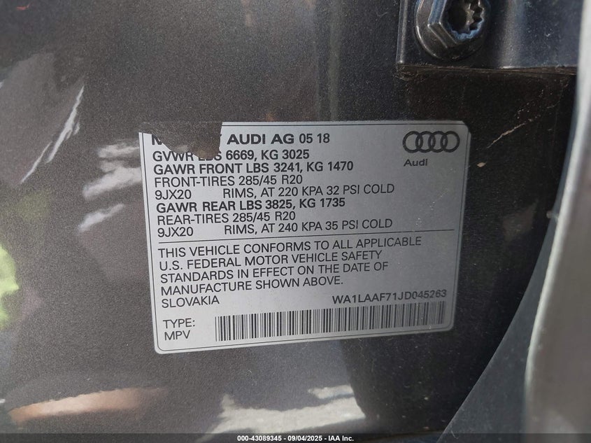 2018 Audi Q7 3.0T Premium VIN: WA1LAAF71JD045263 Lot: 43089345