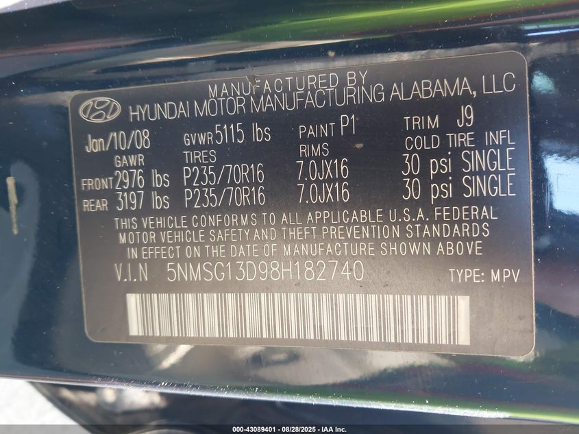 2008 Hyundai Santa Fe Gls VIN: 5NMSG13D98H182740 Lot: 43089401