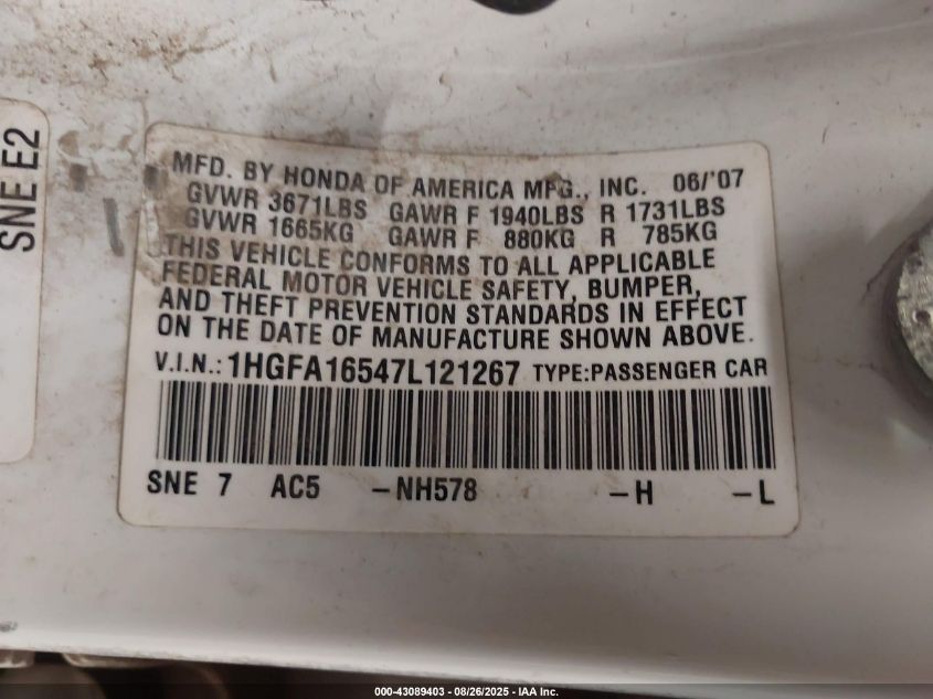 2007 Honda Civic Lx VIN: 1HGFA16547L121267 Lot: 43089403