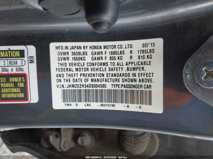 2013 HONDA INSIGHT - JHMZE2H34DS004385