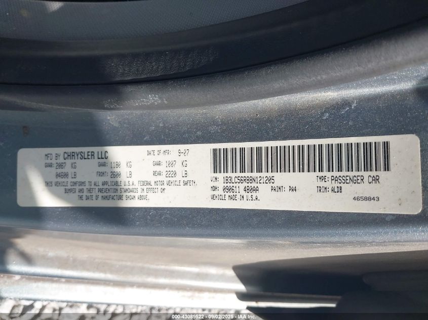 2008 Dodge Avenger Sxt VIN: 1B3LC56R88N121205 Lot: 43089522