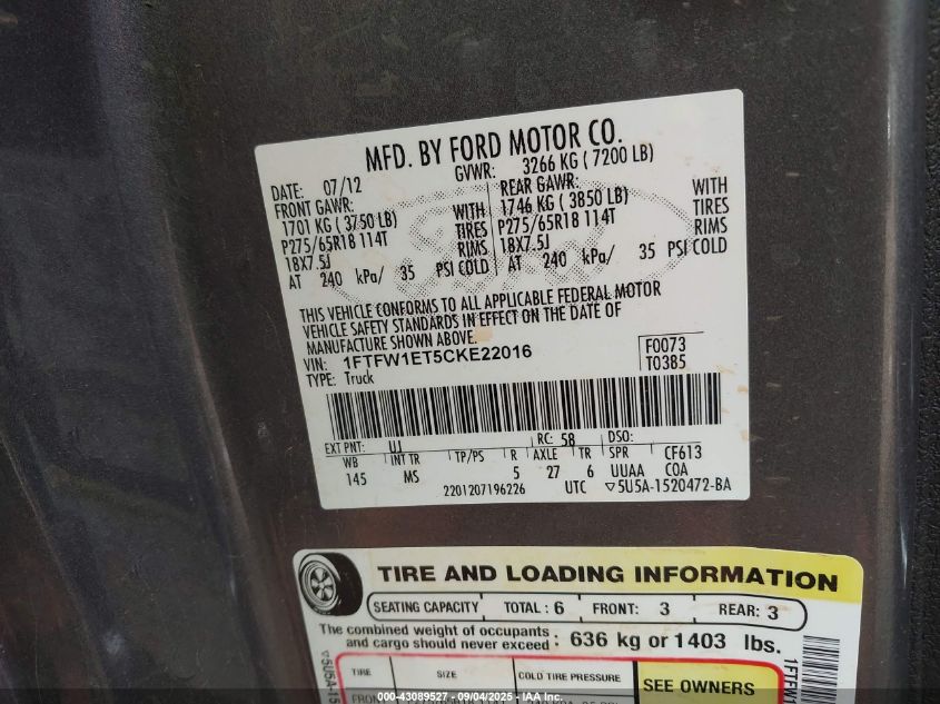 2012 Ford F-150 Xlt VIN: 1FTFW1ET5CKE22016 Lot: 43089527