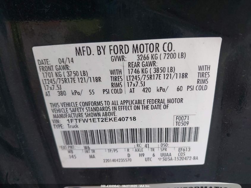 2014 Ford F-150 Xlt VIN: 1FTFW1ET2EKE40718 Lot: 43089542