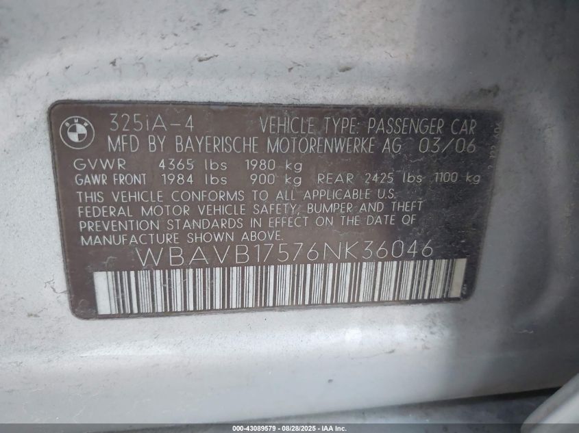 2006 BMW 325I VIN: WBAVB17576NK36046 Lot: 43089579