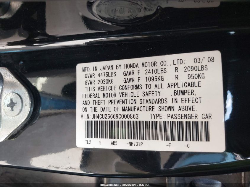 2009 Acura Tsx VIN: JH4CU26669C000863 Lot: 43089646