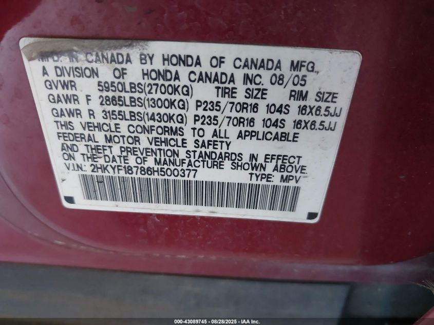 2006 Honda Pilot Ex-L VIN: 2HKYF18786H500377 Lot: 43089745