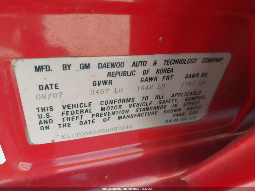 2008 Chevrolet Aveo Ls VIN: KL1TD56688B093240 Lot: 43089802