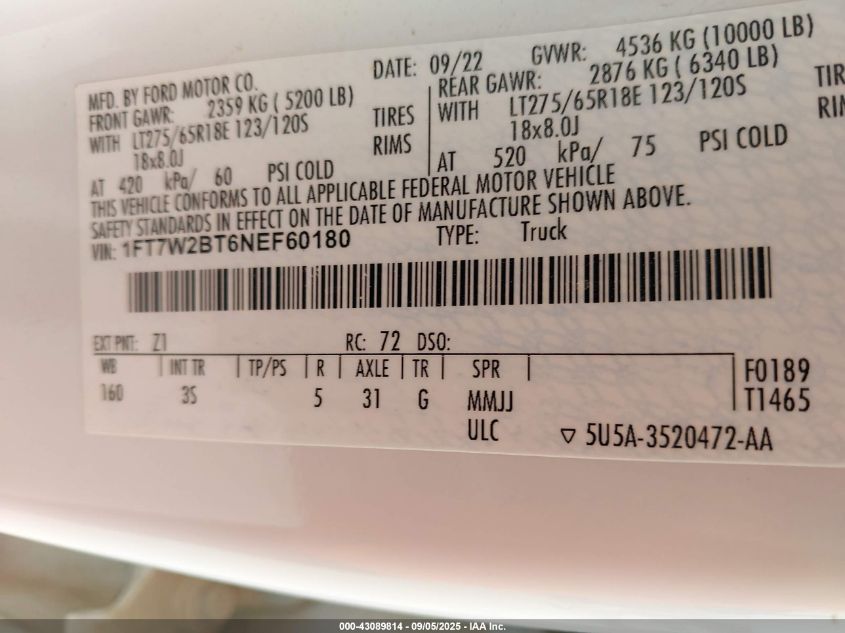 2022 Ford F-250 - 1FT7W2BT6NEF60180