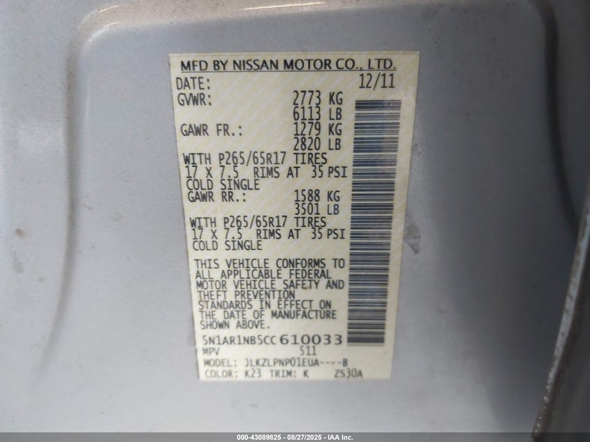 2012 Nissan Pathfinder Silver VIN: 5N1AR1NB5CC610033 Lot: 43089825