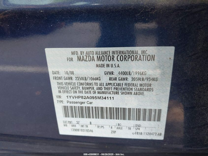 2009 Mazda Mazda6 I Grand Touring VIN: 1YVHP82A095M34111 Lot: 43089831