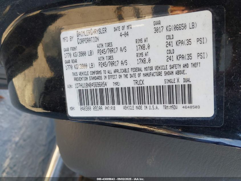 2004 Dodge Ram 1500 Slt/Laramie VIN: 1D7HU18N84S696054 Lot: 43089843