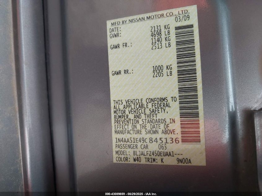 2009 Nissan Maxima 3.5 Sv VIN: 1N4AA51E49C845136 Lot: 43089859