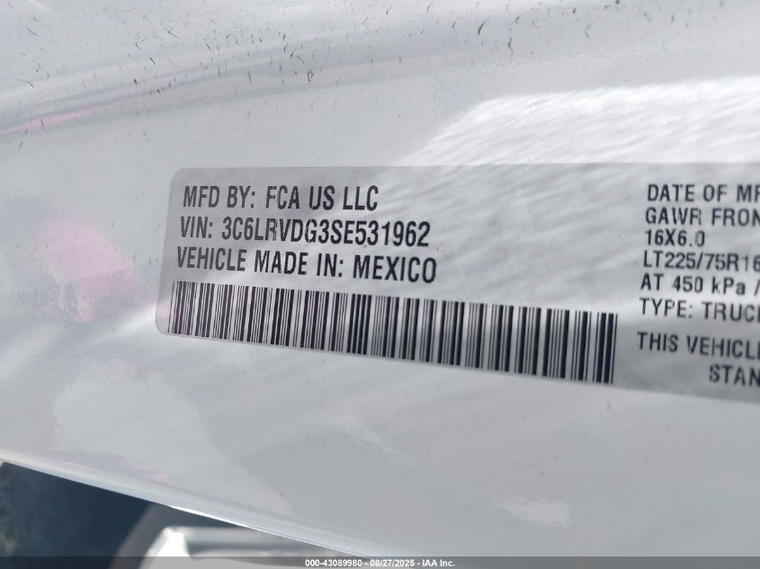2025 Ram Promaster 2500 Tradesman High Roof 159 Wb W/Pass Seat VIN: 3C6LRVDG3SE531962 Lot: 43089980