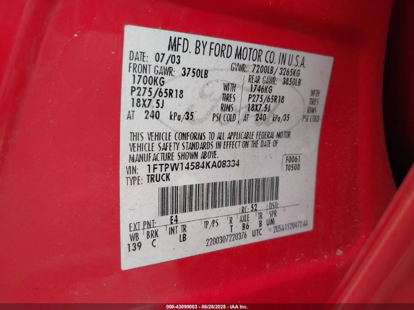 2004 Ford F-150 Fx4/Lariat/Xlt VIN: 1FTPW14584KA08334 Lot: 43090003