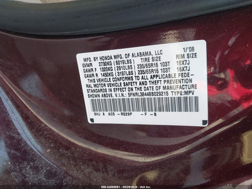 2008 Honda Odyssey Ex VIN: 5FNRL38448B029215 Lot: 43090061