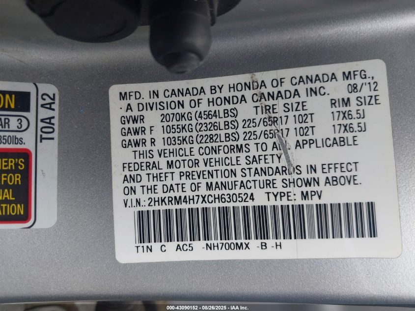 2012 Honda Cr-V Ex-L VIN: 2HKRM4H7XCH630524 Lot: 43090152