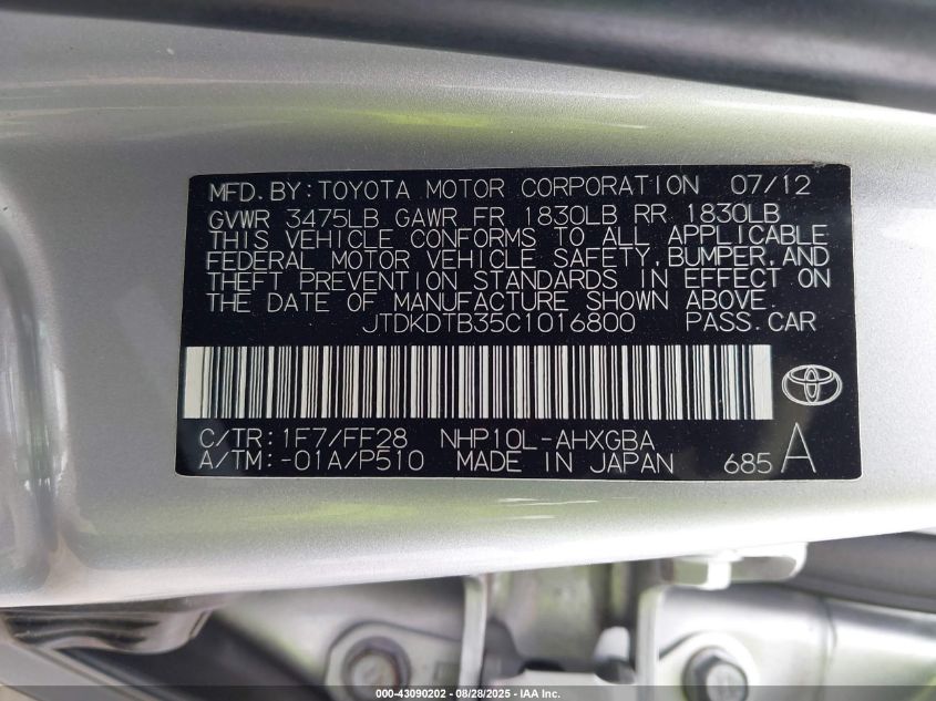 2012 Toyota Prius C Three VIN: JTDKDTB35C1016800 Lot: 43090202