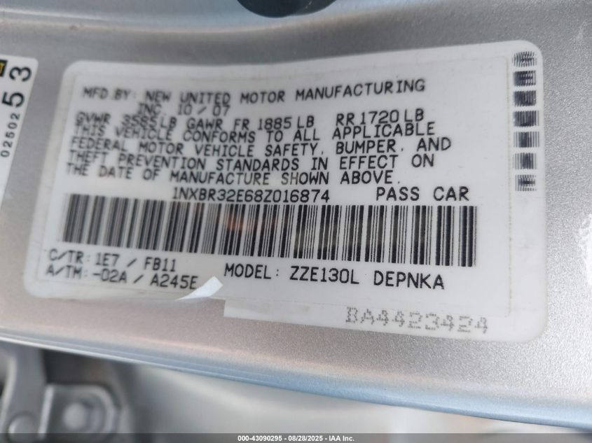 2008 Toyota Corolla Le VIN: 1NXBR32E68Z016874 Lot: 43090295