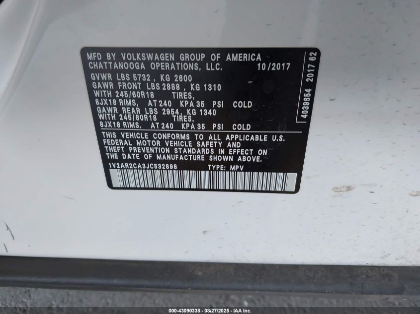 2018 Volkswagen Atlas 3.6L V6 S VIN: 1V2AR2CA3JC532898 Lot: 43090338