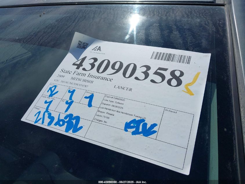 2009 Mitsubishi Lancer Es/Es-Sport VIN: JA3AU26UX9U034787 Lot: 43090358