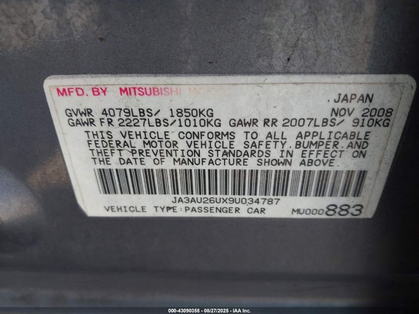 2009 Mitsubishi Lancer Es/Es-Sport VIN: JA3AU26UX9U034787 Lot: 43090358