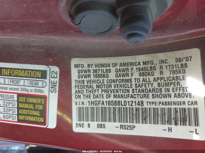 2008 Honda Civic Lx VIN: 1HGFA16588L012148 Lot: 43090363