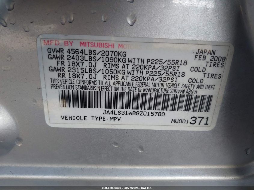 2008 Mitsubishi Outlander Se VIN: JA4LS31W88Z015780 Lot: 43090370
