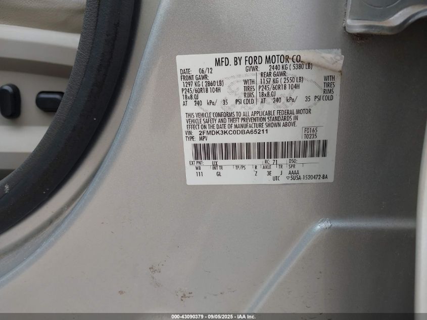 2013 Ford Edge Limited VIN: 2FMDK3KC0DBA65211 Lot: 43090379