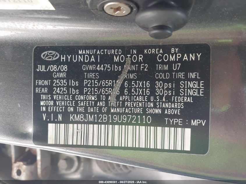 2009 Hyundai Tucson Gls VIN: KM8JM12B19U972110 Lot: 43090381