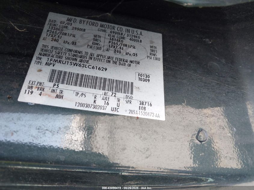 2003 Ford Expedition Xlt VIN: 1FMRU15W63LC61629 Lot: 43090419