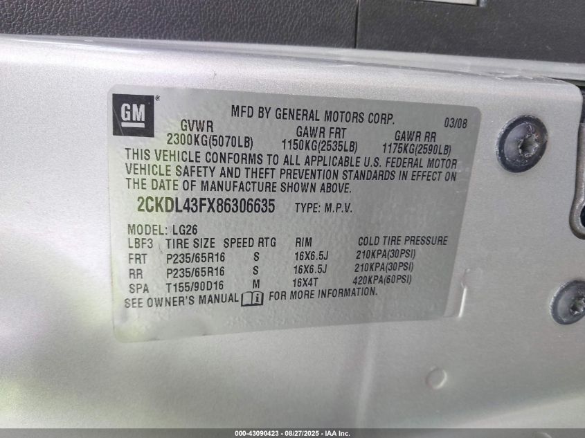 2008 Pontiac Torrent VIN: 2CKDL43FX86306635 Lot: 43090423