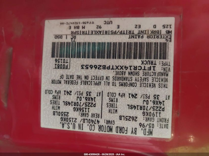 1996 Ford Ranger Super Cab VIN: 1FTCR14XXTPB26653 Lot: 43090426