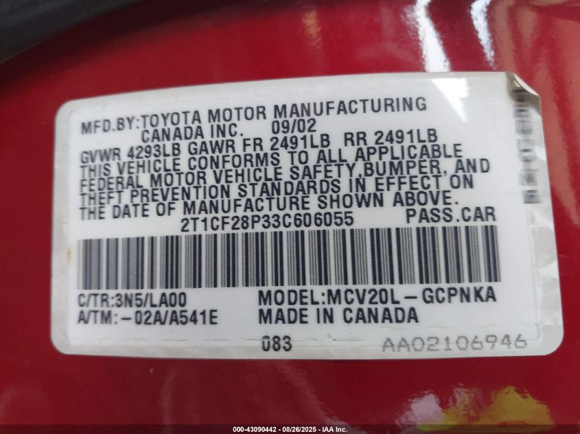 2003 Toyota Camry Solara Sle V6 VIN: 2T1CF28P33C606055 Lot: 43090442