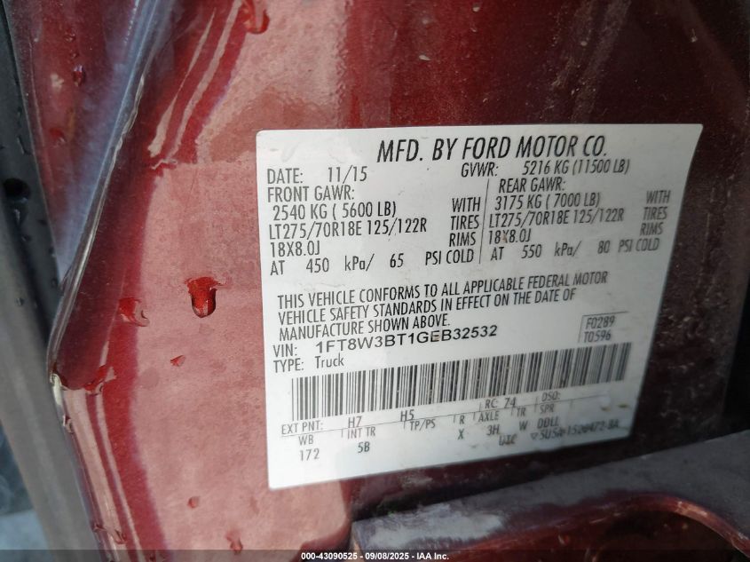 2016 Ford F-350 Lariat VIN: 1FT8W3BT1GEB32532 Lot: 43090525