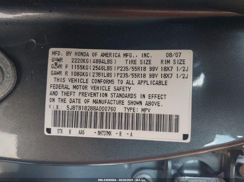 2008 Acura Rdx VIN: 5J8TB18288A000760 Lot: 43090564