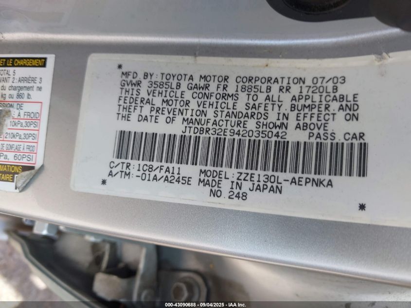 2004 Toyota Corolla Le VIN: JTDBR32E942035042 Lot: 43090688