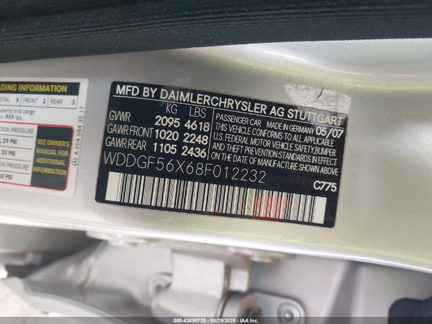 2008 Mercedes-Benz C 350 Sport VIN: WDDGF56X68F012232 Lot: 43090735