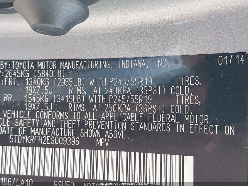 2014 Toyota Highlander Limited V6 VIN: 5TDYKRFH2ES009396 Lot: 43090779